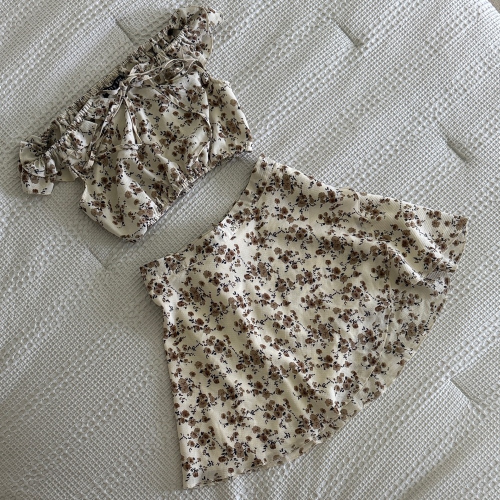 White Fox Boutique Cream and Brown Floral Set